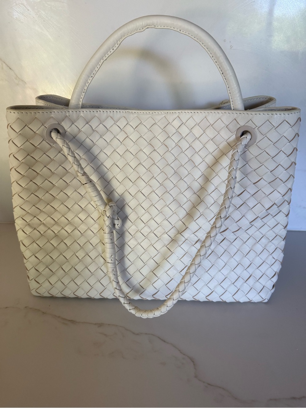 Quince Italian Leather Handwoven Large Satchel Bone - Picture 3 of 7